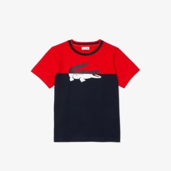 Lacoste Crewneck Croc-Print Pamuklu T-shirt Kırmızı Lacivert Mavi | ybpTNvrP