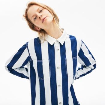 Lacoste LIVE Striped Pamuklu Shirtdress Beyaz Lacivert Mavi | KDJynGCE