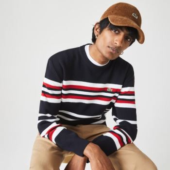 Lacoste Made in France Striped Organic Pamuklu Crew Neck Kazak Lacivert Mavi Beyaz Kırmızı | m0mOdANp