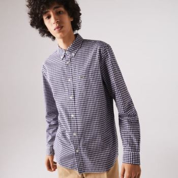 Lacoste Regular Fit Gingham Pamuklu Poplin Shirt Beyaz Lacivert Mavi | QFQmcKpZ