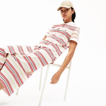 Lacoste Striped Pamuklu Buttoned Polo Elbise Beyaz Kırmızı Sarı Lacivert Mavi Açık Pembe | xs6objws