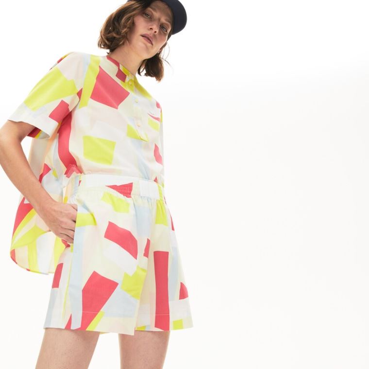 Lacoste Abstract-Print Pamuklu Blend Blouse Sarı Beyaz | LED8uVaQ