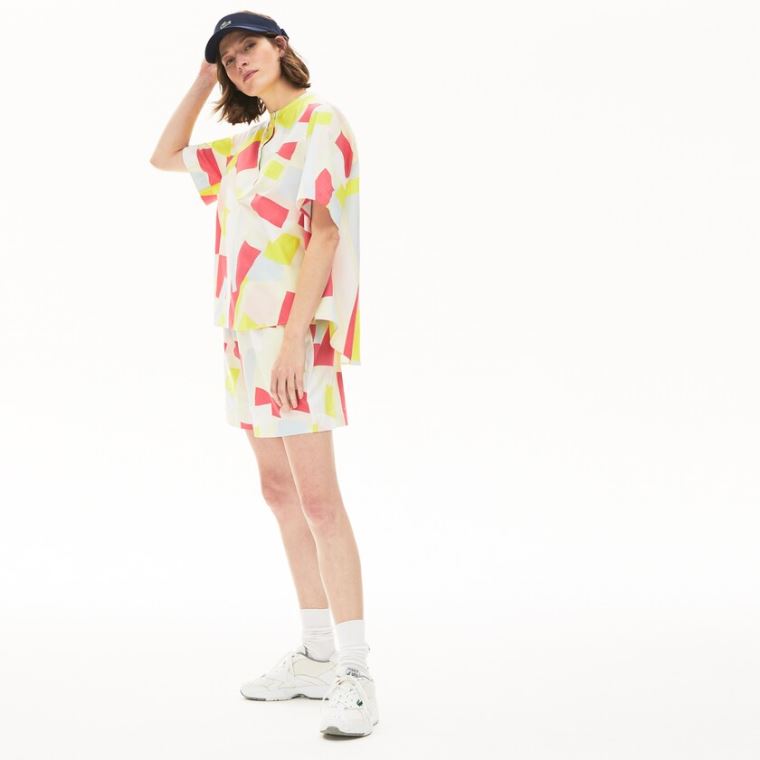 Lacoste Abstract-Print Pamuklu Blend Blouse Sarı Beyaz | LED8uVaQ