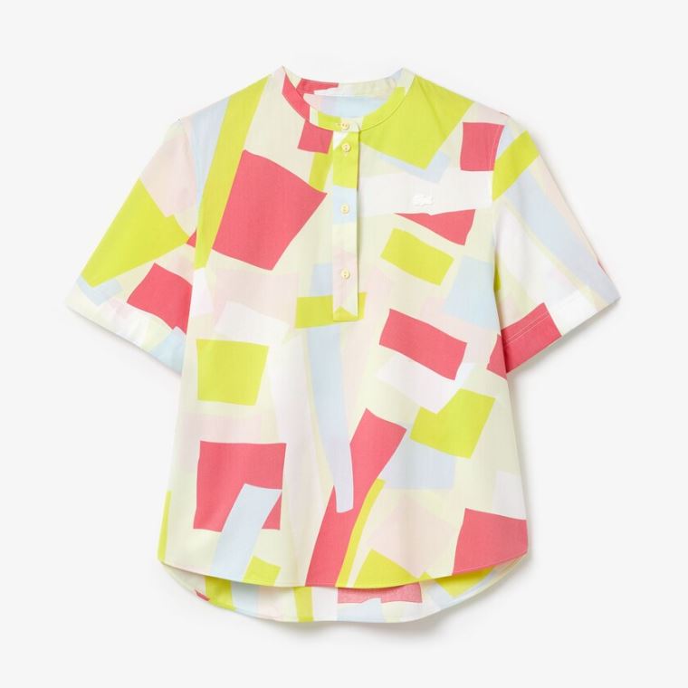 Lacoste Abstract-Print Pamuklu Blend Blouse Sarı Beyaz | LED8uVaQ