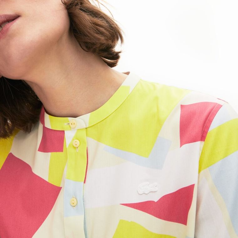 Lacoste Abstract-Print Pamuklu Blend Blouse Sarı Beyaz | LED8uVaQ