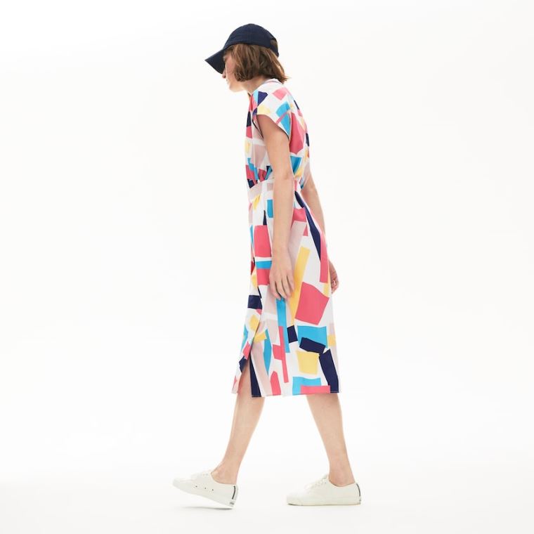 Lacoste Abstract-Print Shirtdress Beyaz | fXig5wdx