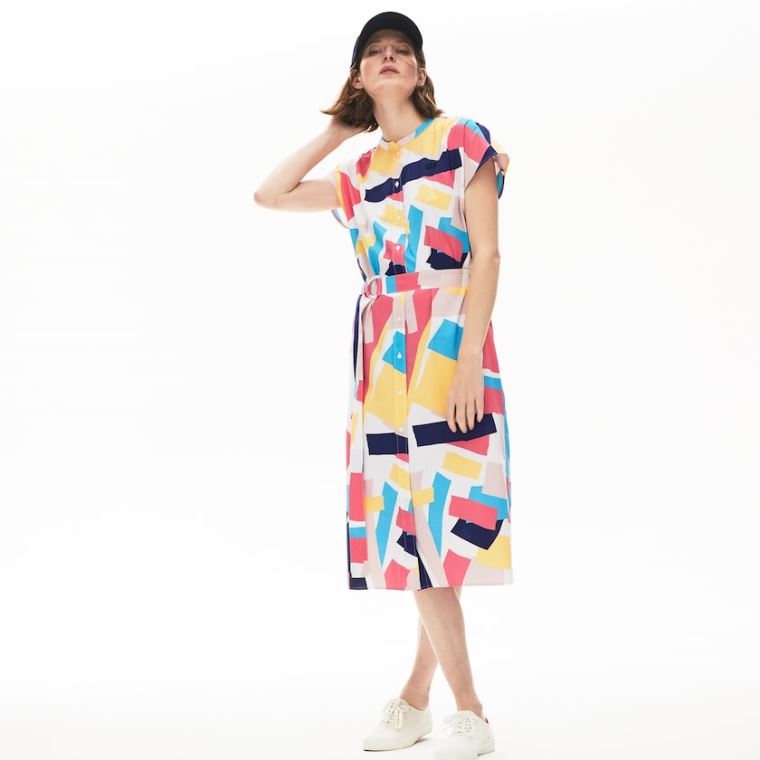 Lacoste Abstract-Print Shirtdress Beyaz | fXig5wdx