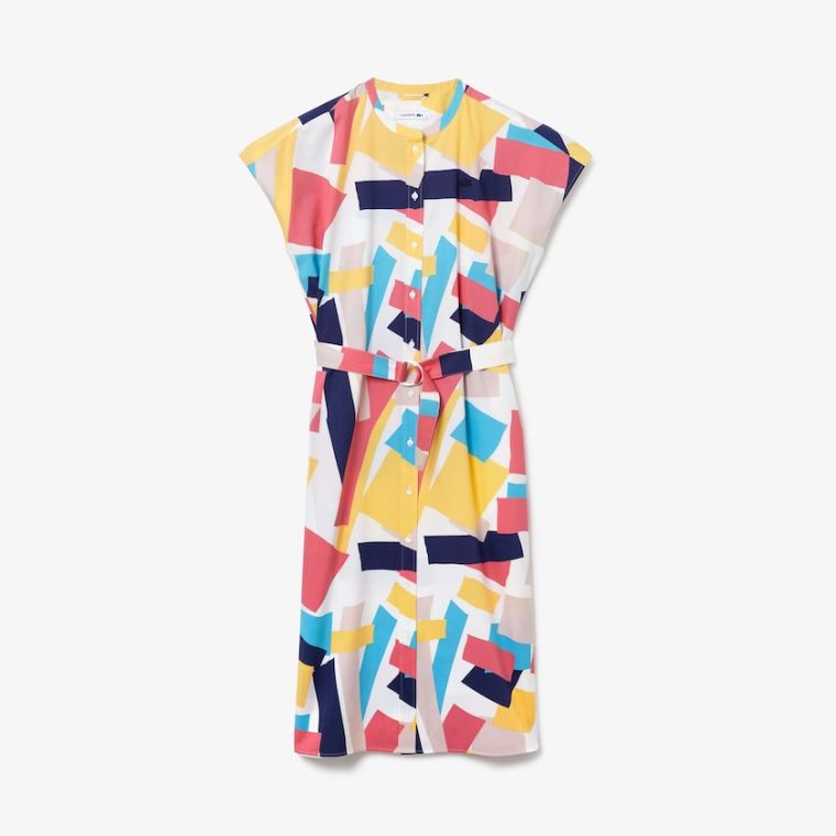 Lacoste Abstract-Print Shirtdress Beyaz | fXig5wdx