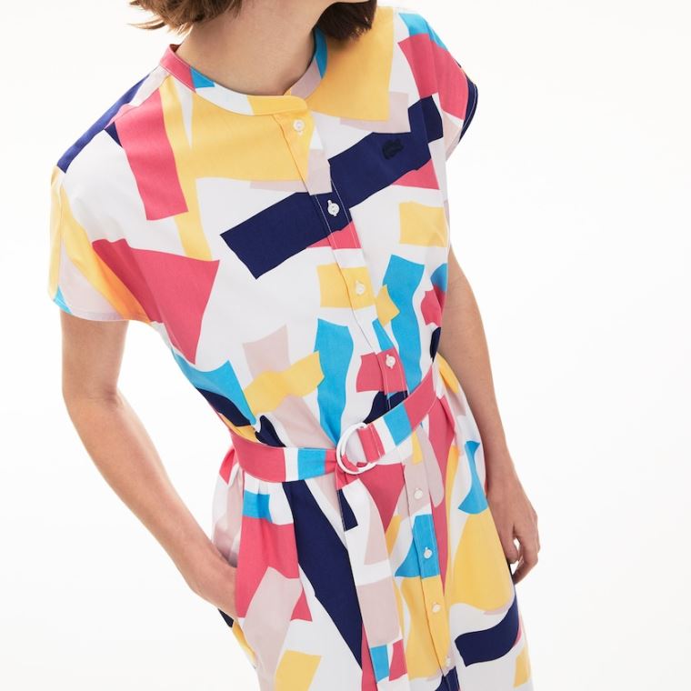 Lacoste Abstract-Print Shirtdress Beyaz | fXig5wdx