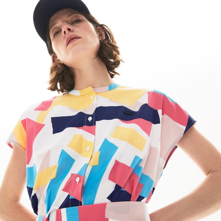 Lacoste Abstract-Print Shirtdress Beyaz | fXig5wdx