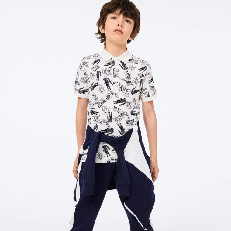 Lacoste All-Over Croc Print Pamuklu Petit Piqué Polo Beyaz Lacivert Mavi | GFhxwk9I