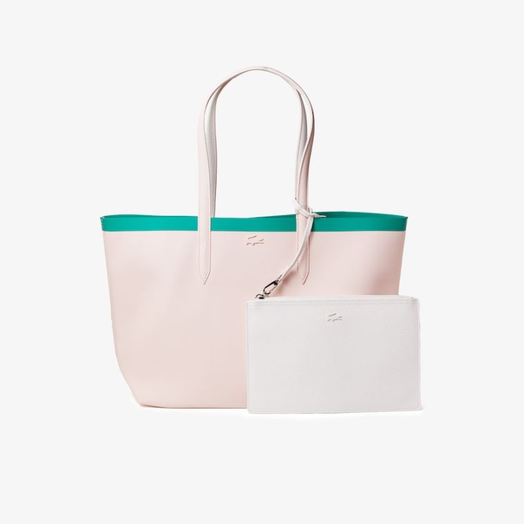 Lacoste Anna Reversible Contrast Band Coated Kanvas Tote Bag Pembe Beyaz | jJrqxlce