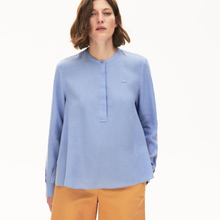 Lacoste Buttoned Mao Collar Linen Blouse Mor | DbsDyM9p