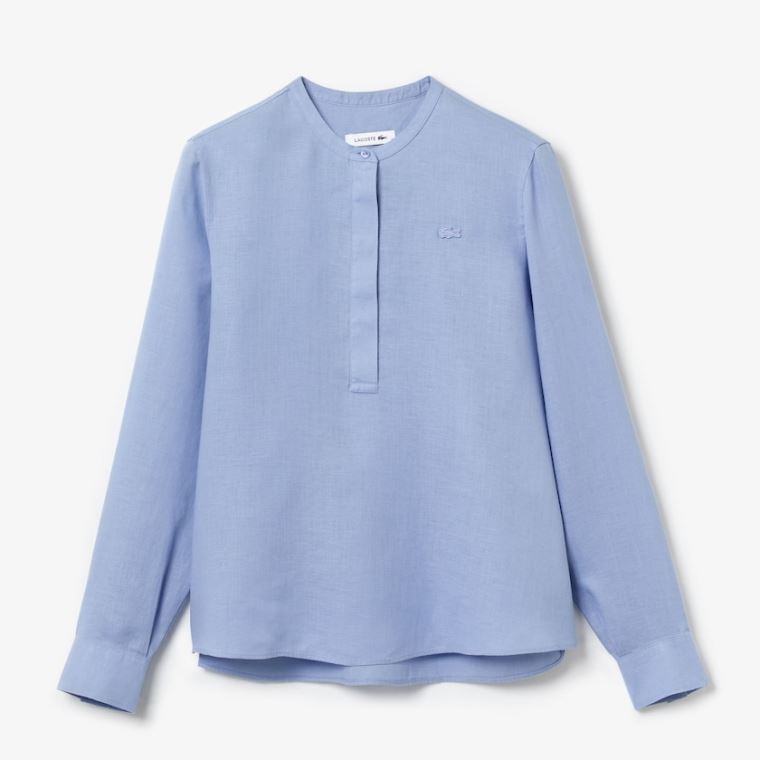 Lacoste Buttoned Mao Collar Linen Blouse Mor | DbsDyM9p