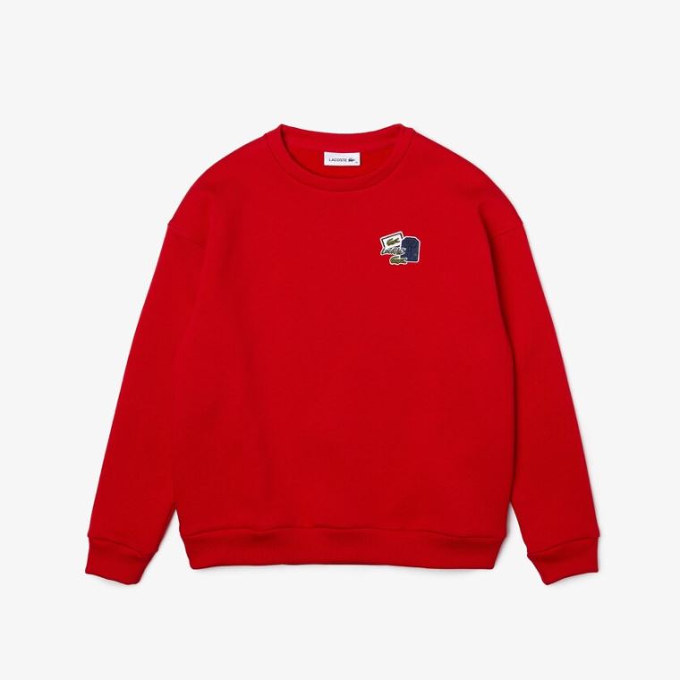 Lacoste Crew Neck Badge Fleece Sweatshirt Kırmızı | DK2krFEb