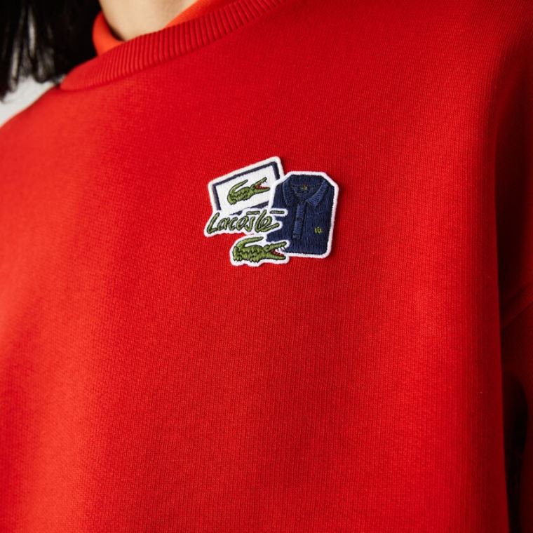 Lacoste Crew Neck Badge Fleece Sweatshirt Kırmızı | DK2krFEb