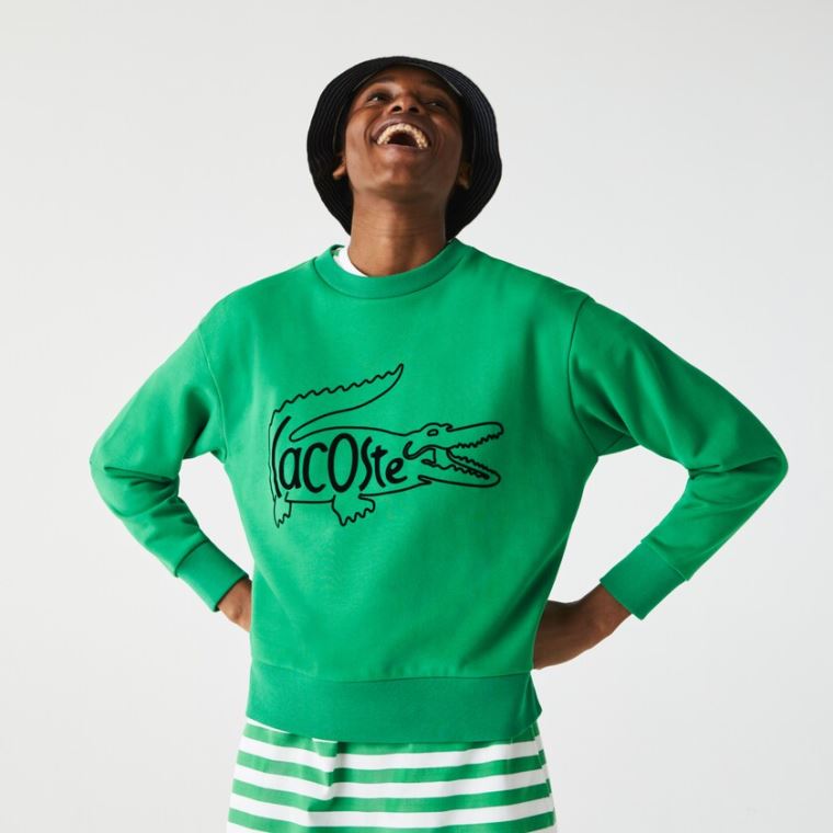 Lacoste Crew Neck Crocodile Print Pamuklu Fleece Sweatshirt Yeşil | lDRDhrGH