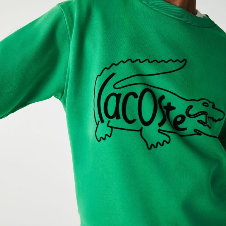 Lacoste Crew Neck Crocodile Print Pamuklu Fleece Sweatshirt Yeşil | lDRDhrGH