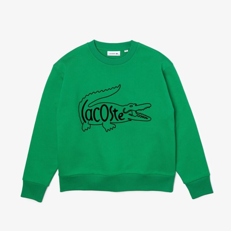 Lacoste Crew Neck Crocodile Print Pamuklu Fleece Sweatshirt Yeşil | lDRDhrGH