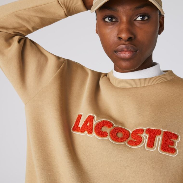 Lacoste Crew Neck Embroidered Fleece Sweatshirt Bej Rengi | vHBRwBTO