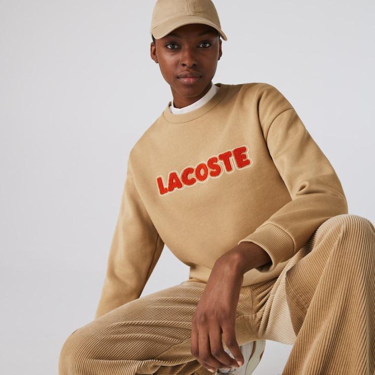 Lacoste Crew Neck Embroidered Fleece Sweatshirt Bej Rengi | vHBRwBTO