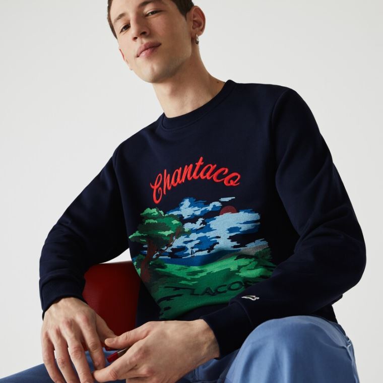 Lacoste Crew Neck Landscape Print Fleece Sweatshirt Lacivert Mavi Kırmızı | n5DQ5Xlc