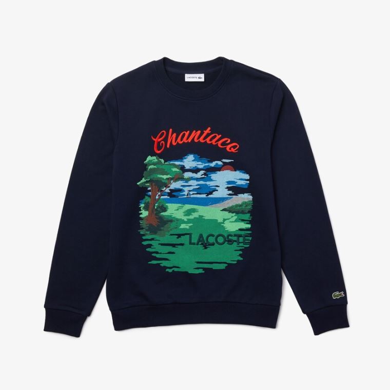 Lacoste Crew Neck Landscape Print Fleece Sweatshirt Lacivert Mavi Kırmızı | n5DQ5Xlc