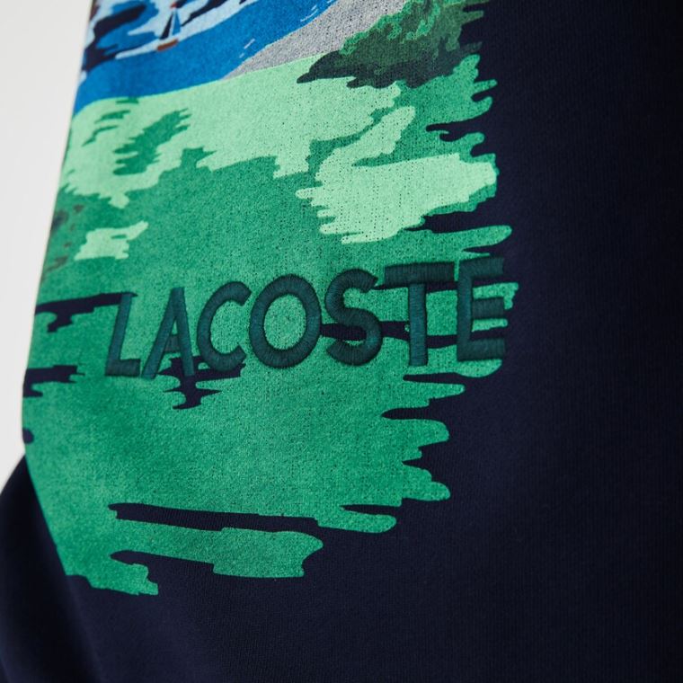 Lacoste Crew Neck Landscape Print Fleece Sweatshirt Lacivert Mavi Kırmızı | n5DQ5Xlc