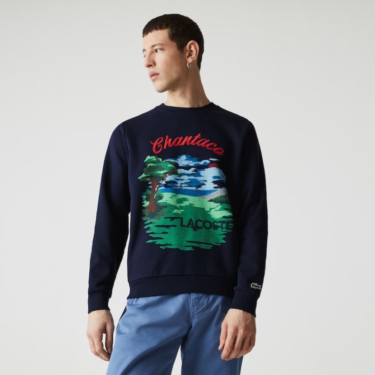 Lacoste Crew Neck Landscape Print Fleece Sweatshirt Lacivert Mavi Kırmızı | n5DQ5Xlc