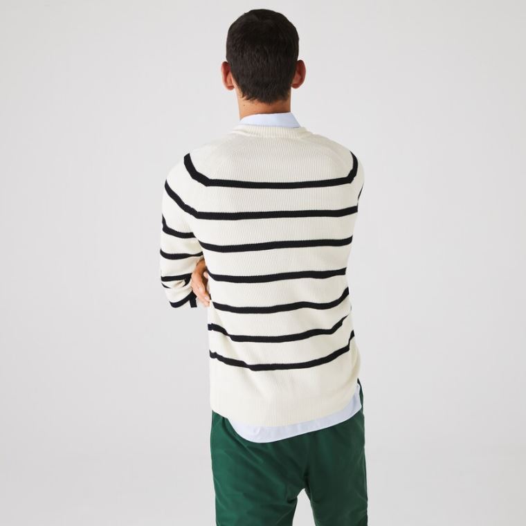 Lacoste Crew Neck Striped Ribbed Wool Kazak Beyaz Lacivert Mavi | oqAVTrIF