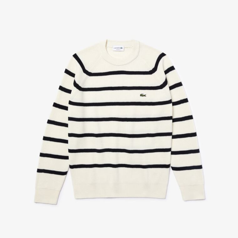 Lacoste Crew Neck Striped Ribbed Wool Kazak Beyaz Lacivert Mavi | oqAVTrIF