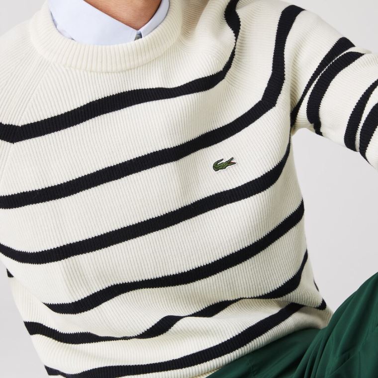 Lacoste Crew Neck Striped Ribbed Wool Kazak Beyaz Lacivert Mavi | oqAVTrIF