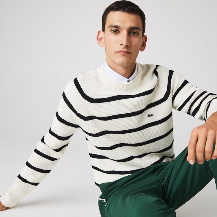 Lacoste Crew Neck Striped Ribbed Wool Kazak Beyaz Lacivert Mavi | oqAVTrIF