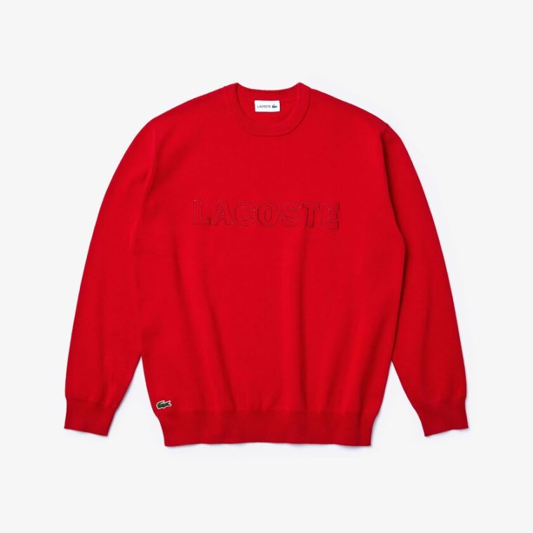 Lacoste Crewneck Signature-Logo Knit Kazak Kırmızı | VFGRpIhk