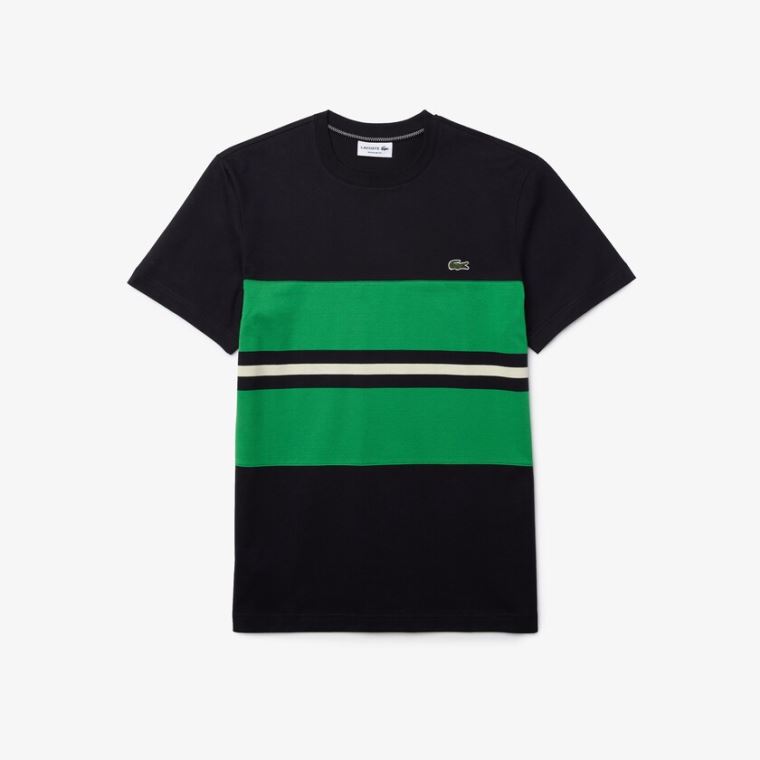 Lacoste Crewneck Striped Pamuklu T-shirt Lacivert Mavi Yeşil Bej Rengi | zSbBNAd2