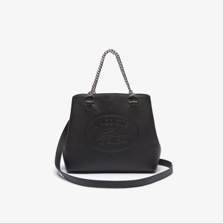 Lacoste Croco Crew Embossed Logo Small Deri Tote Siyah | dh14jzIj