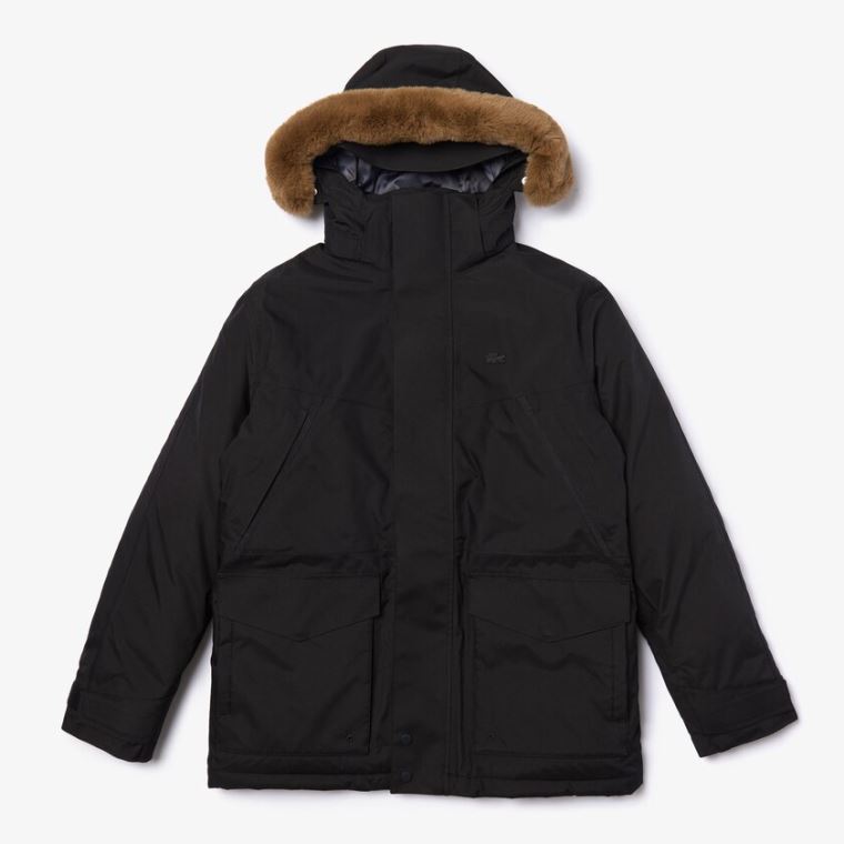 Lacoste Detachable Faux Fur Hood Long Quilted Parka Siyah Koyu Gri | GRCfb5z6