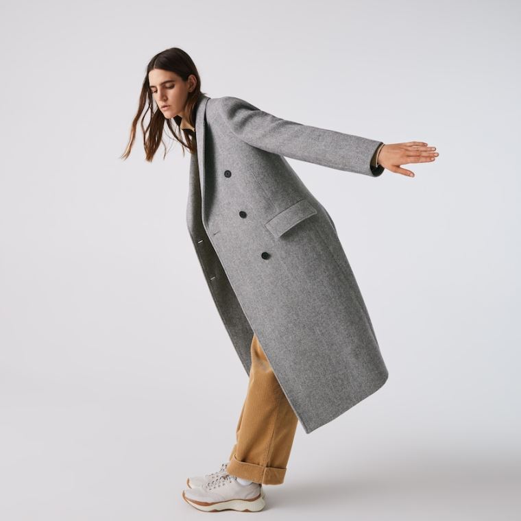 Lacoste Double-Breasted Chevron Long Wool Blend Coat Beyaz Gri | xfNCXlbF