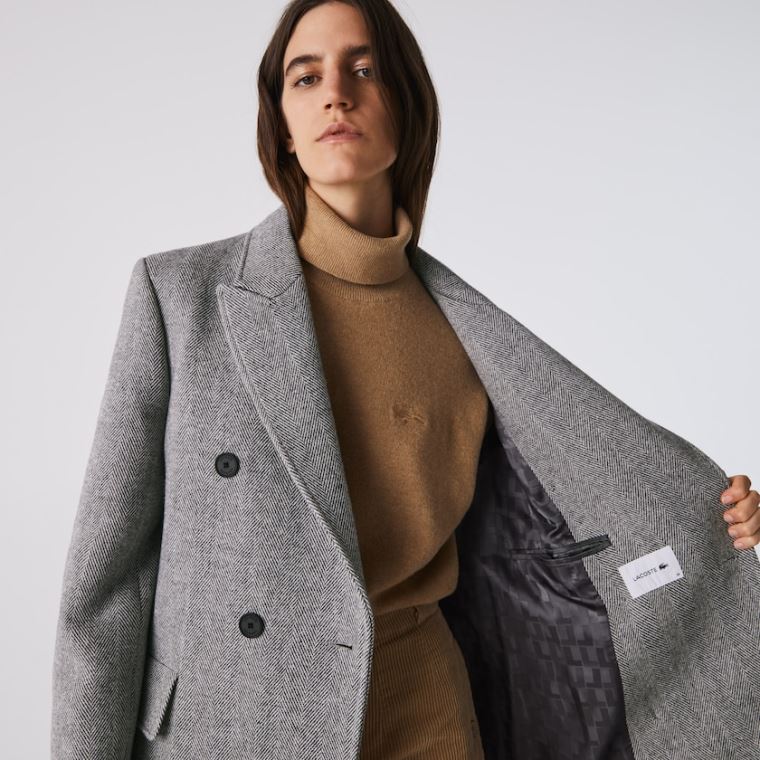 Lacoste Double-Breasted Chevron Long Wool Blend Coat Beyaz Gri | xfNCXlbF