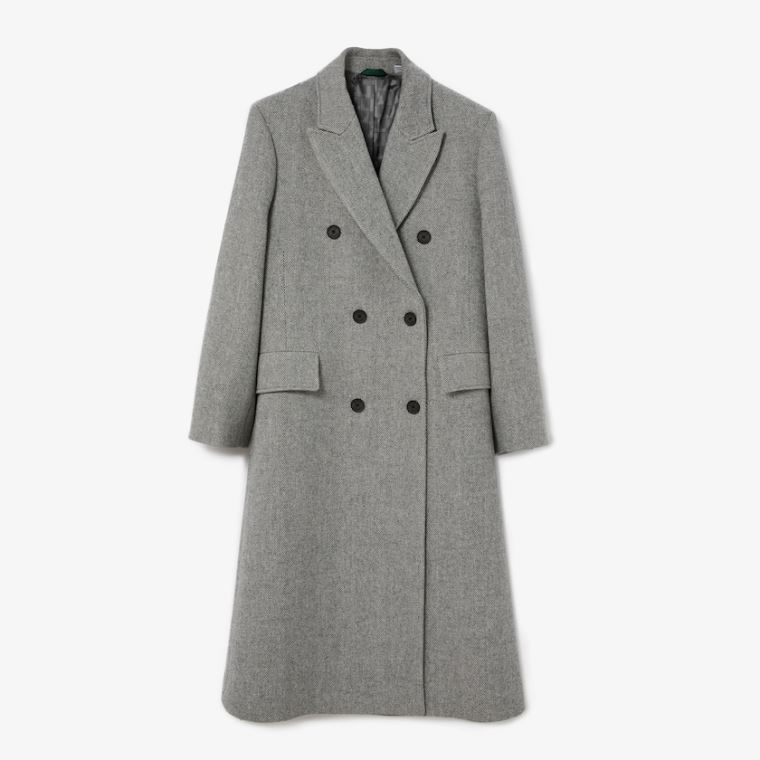 Lacoste Double-Breasted Chevron Long Wool Blend Coat Beyaz Gri | xfNCXlbF