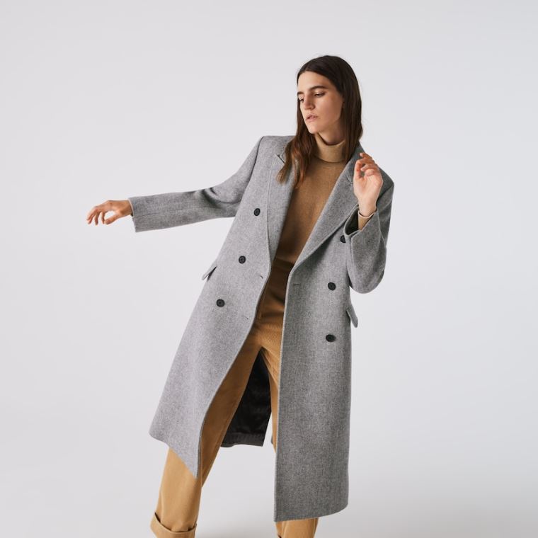 Lacoste Double-Breasted Chevron Long Wool Blend Coat Beyaz Gri | xfNCXlbF