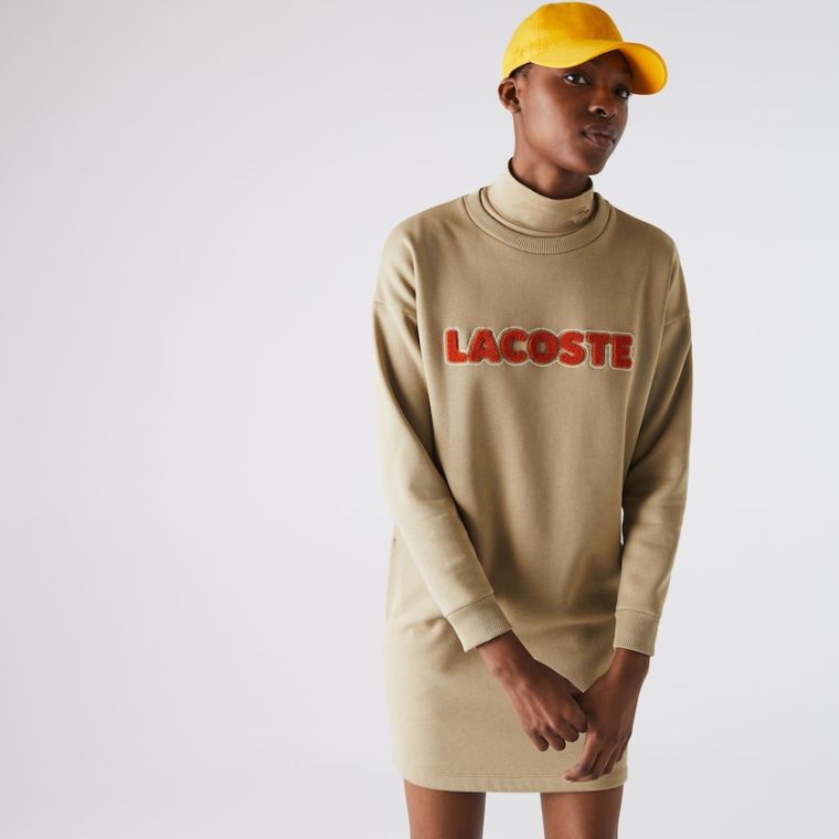 Lacoste Embroidered Accent Fleece Sweatshirt Elbise Bej Rengi | OfyLrRmn