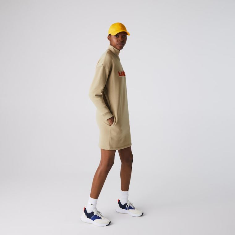 Lacoste Embroidered Accent Fleece Sweatshirt Elbise Bej Rengi | OfyLrRmn