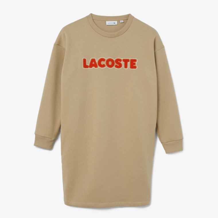 Lacoste Embroidered Accent Fleece Sweatshirt Elbise Bej Rengi | OfyLrRmn