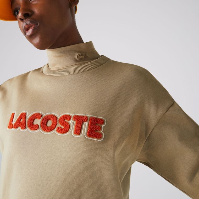 Lacoste Embroidered Accent Fleece Sweatshirt Elbise Bej Rengi | OfyLrRmn