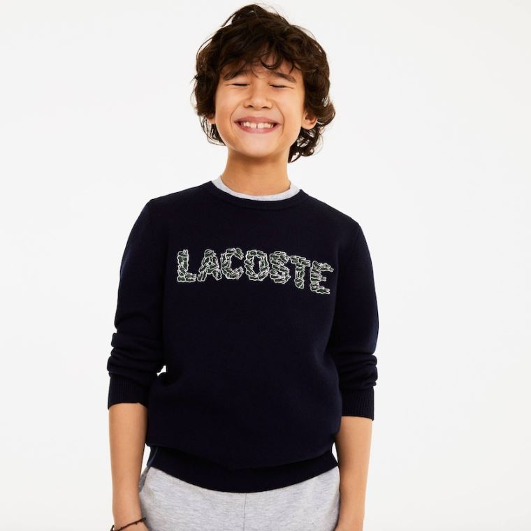 Lacoste Embroidered Croco Magic Wool And Pamuklu Kazak Lacivert Mavi | SNfhqfF4