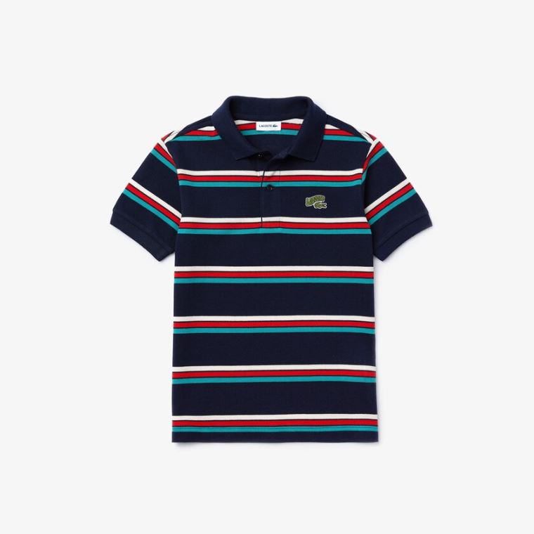 Lacoste Embroidered Logo Striped Polo Lacivert Mavi Beyaz | xo0jmMeZ