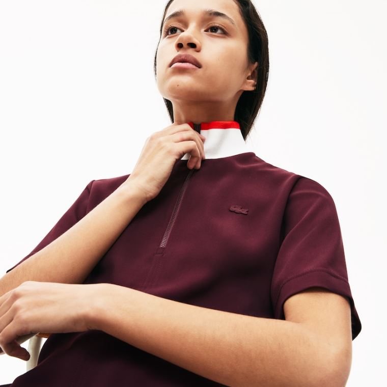 Lacoste Flared Zip-Up Polo Elbise Koyu Kırmızı Beyaz Kırmızı | 1yRUkz0k