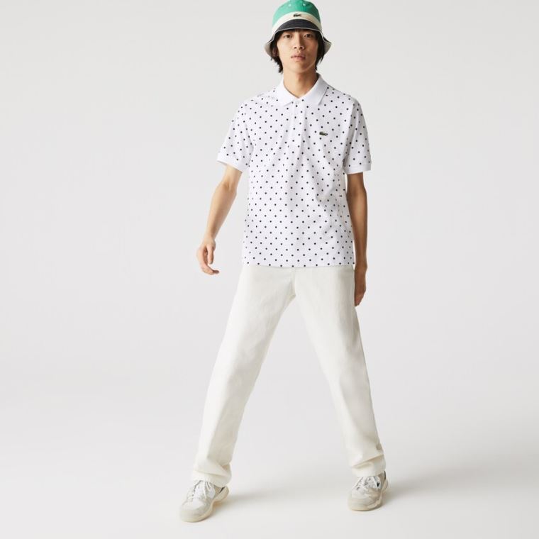 Lacoste Klasik Fit Polka Dot Pamuklu Piqué Polo Beyaz Lacivert Mavi | OkXD1xtX