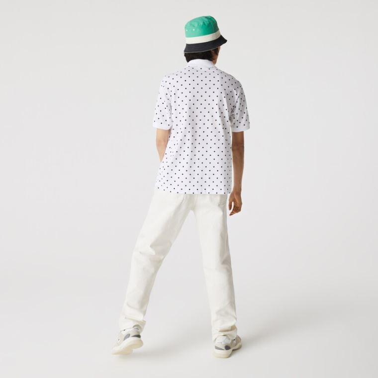 Lacoste Klasik Fit Polka Dot Pamuklu Piqué Polo Beyaz Lacivert Mavi | OkXD1xtX